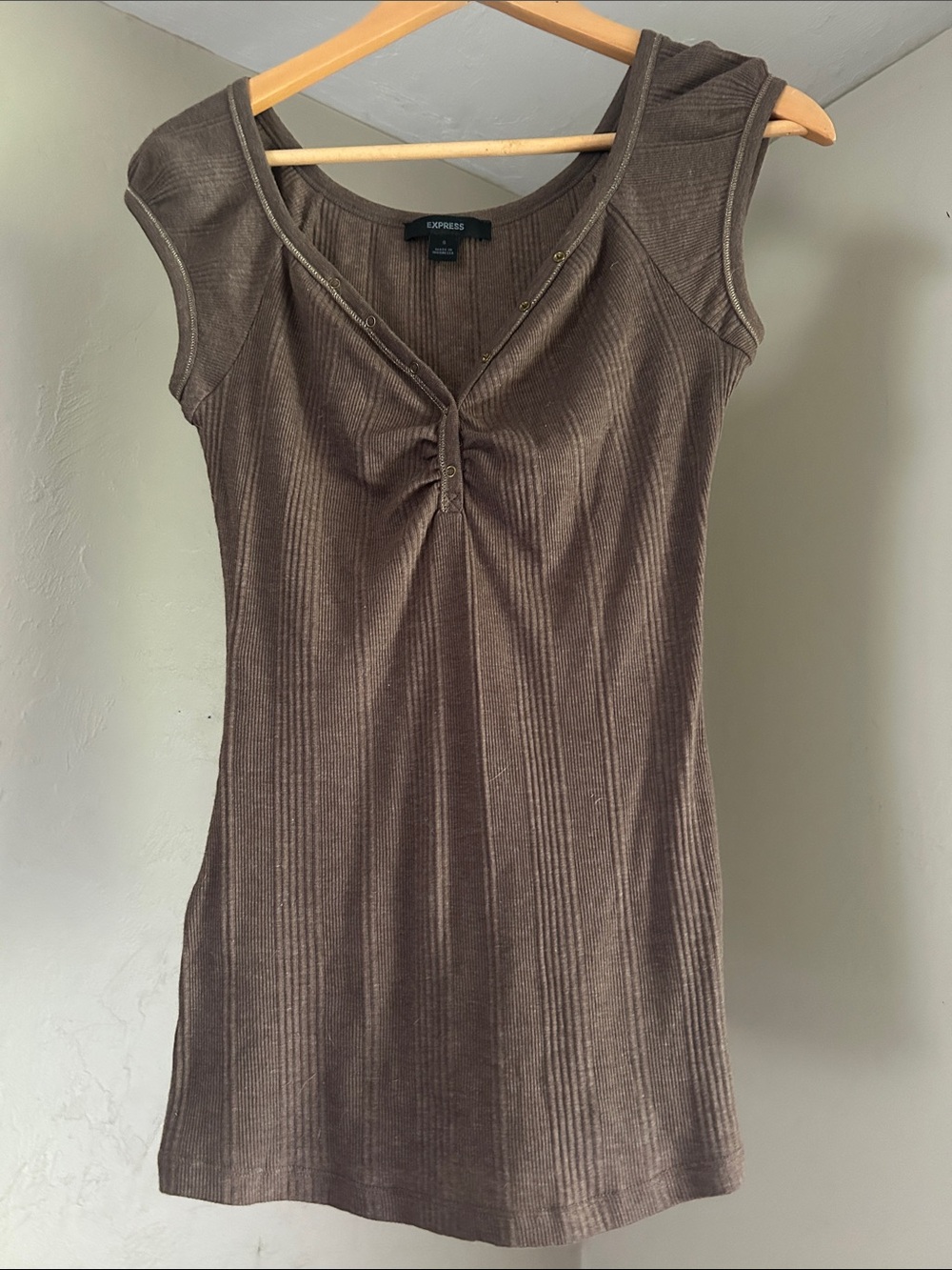 Express Brown Ribbed Tank with Gathered V-Neck
